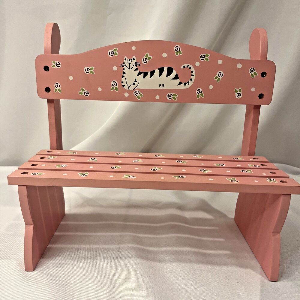 Cat Illustrated Small Pink Wooden Decorative Bench